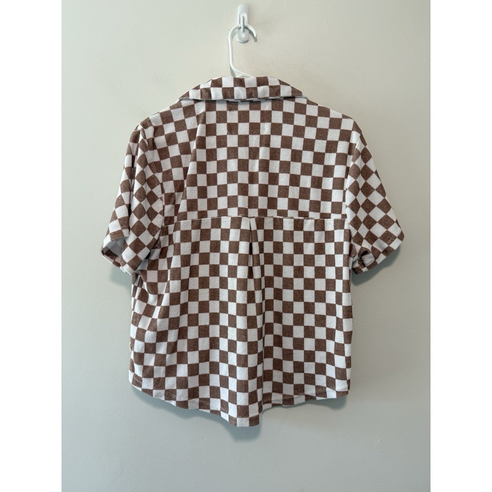 Araminta James Terry Button Down Short Sleeve Shirt Retro Check Brown Size XS - Picture 5 of 7